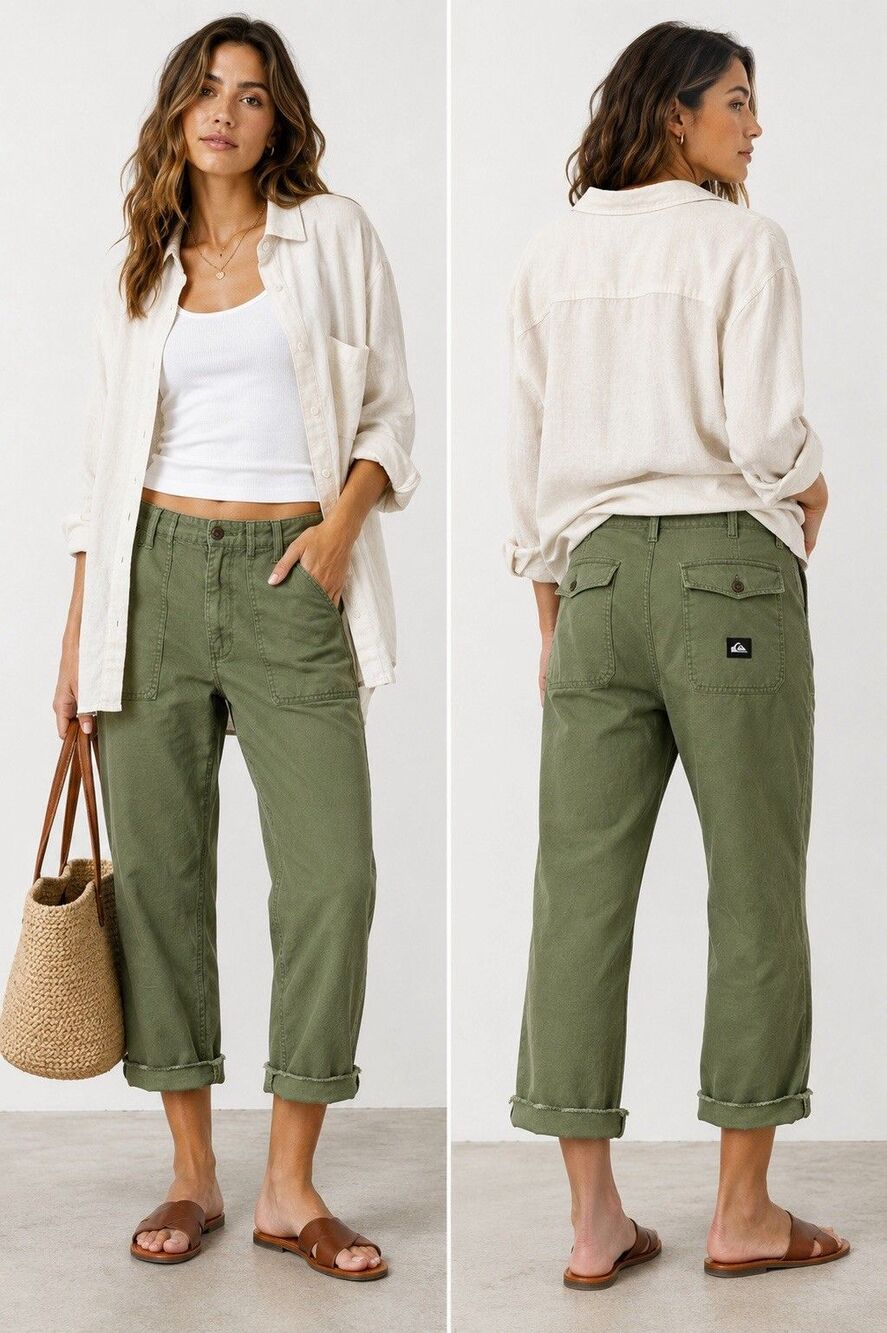 Quiksilver Olive Green Utility Crop Pants Linen Cotton Blend Size 30